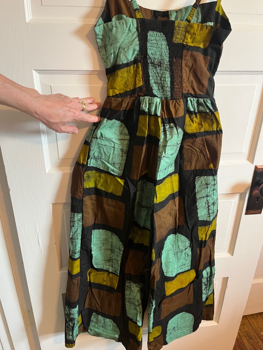 Patterned Square-Print Midi Jumpsuit in Teal, Brown & Yellow - Picture 4 of 7